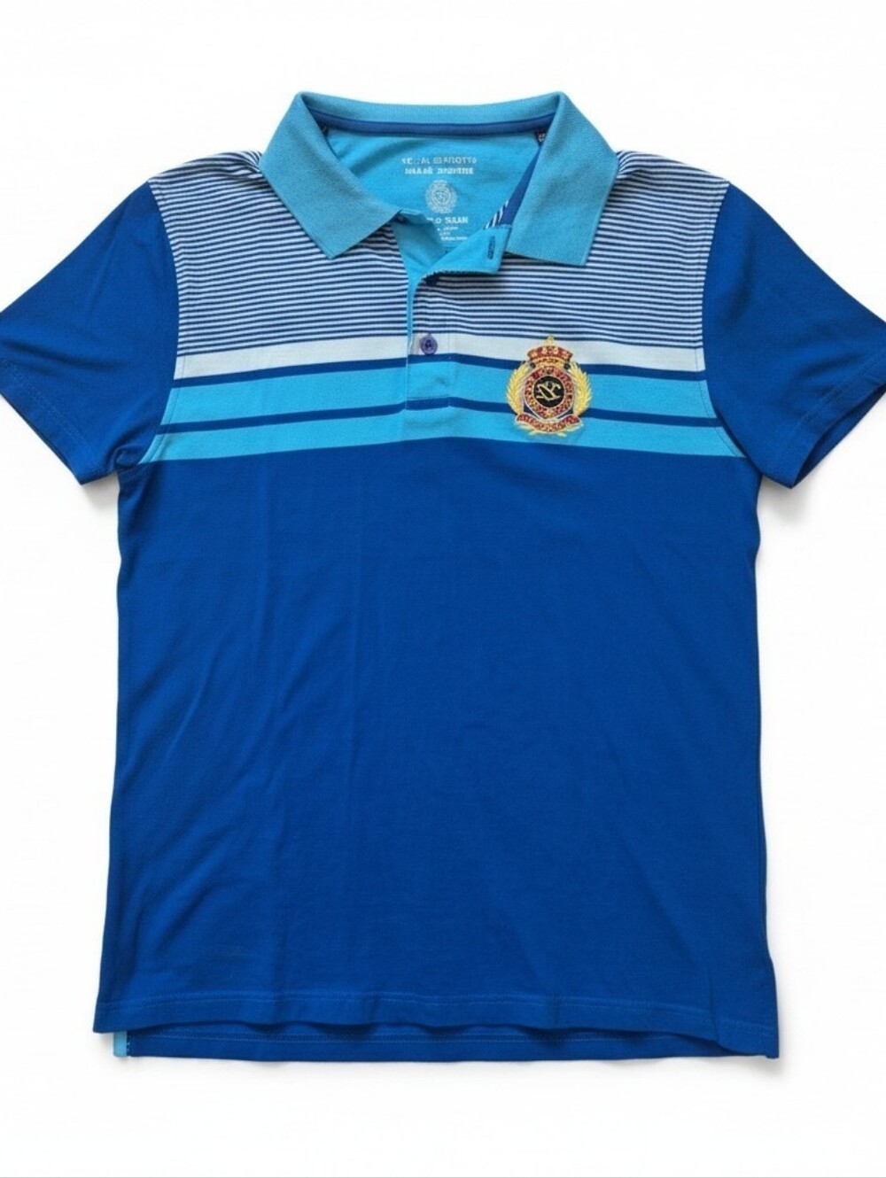 Scapa Sports "Royal Member Polo Team" Blue Striped Polo with Crest